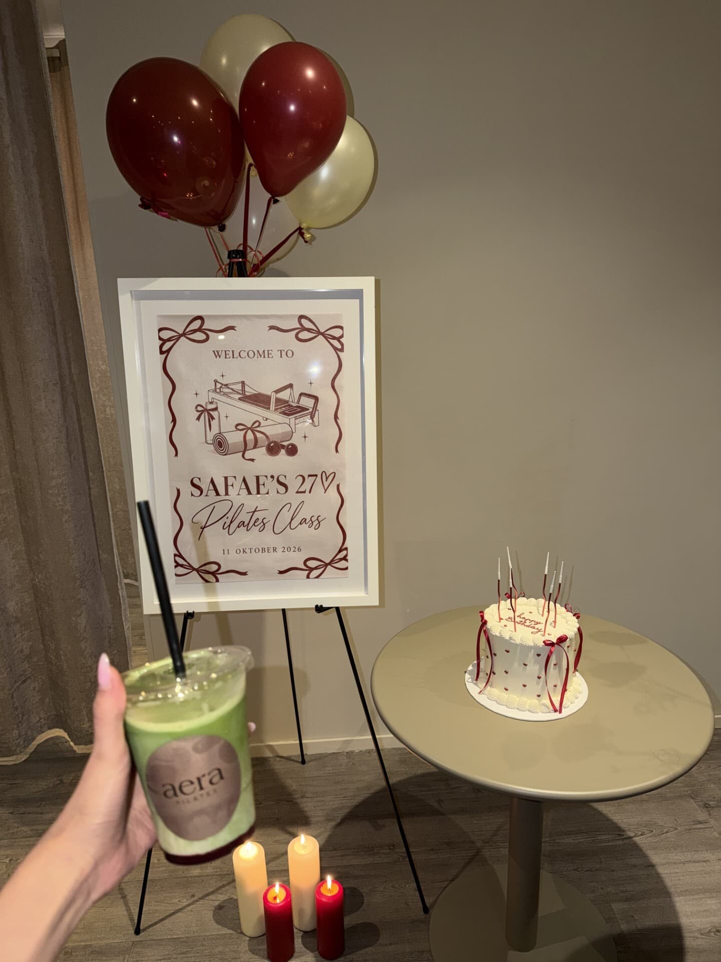 Birthday class at aera pilates with matcha, cake and balloons